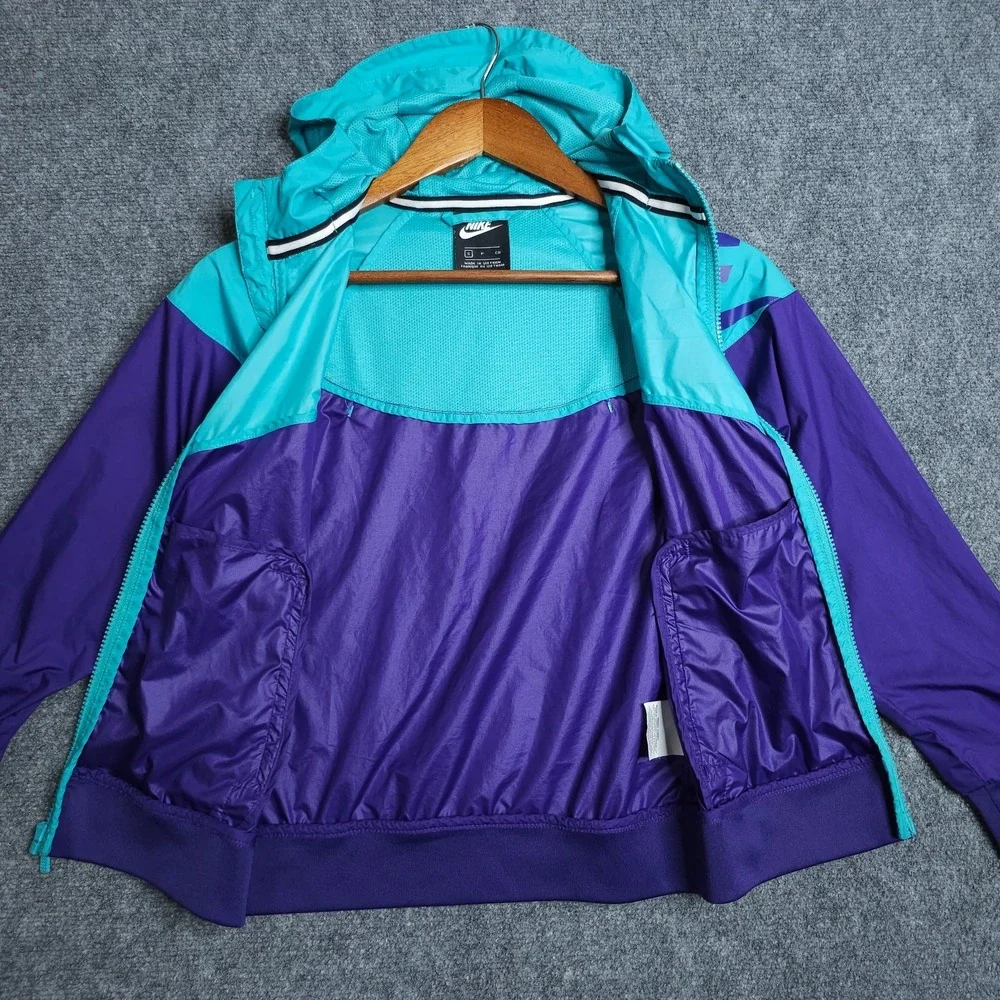 Nike Windrunner Jacket Youth Size Small Teal Purple Big Logo Hooded Windbreaker